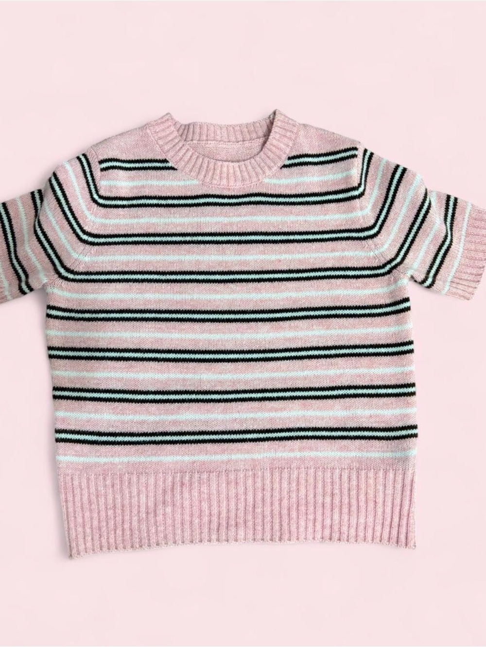 Pink Striped Short Sleeve Knit Sweater